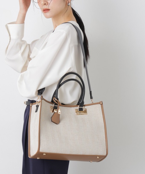 NANO universe(ナノユニバース)の「バイカラーキャンバスバッグ(トートバッグ・レディース・ブルー/ブラウン・F)」の1枚目の写真