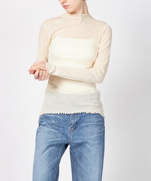 HAKUJI(ハクジ)の「HAKUJI Sheer rib BN PO(Tシャツ/カットソー・レディース・オフホワイト/ブラック/ライトイエロー・FREE)」の2枚目の写真