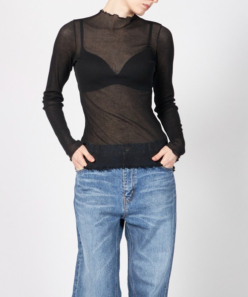 HAKUJI(ハクジ)の「HAKUJI Sheer rib BN PO(Tシャツ/カットソー・レディース・オフホワイト/ブラック/ライトイエロー・FREE)」の3枚目の写真