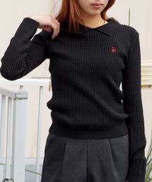 U.S. POLO ASSN./ユーエスポロアッスン ロゴ刺繍 ドロップショルダー ステンカラーケーブルニット 秋 秋服 2026年秋冬 冬服
