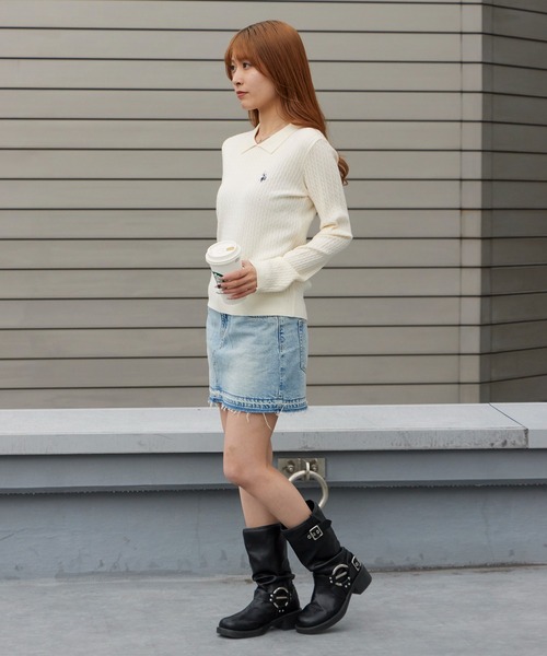 U.S. POLO ASSN.(ユーエスポロアッスン)の「U.S. POLO ASSN./ユーエスポロアッスン ロゴ刺繍 ドロップショルダー ステンカラーケーブルニット 秋 秋服 2026年秋冬 冬服(ニット/セーター・レディース・サックスブルー/イエロー/アイボリー/ブラック・M/L)」の10枚目の写真