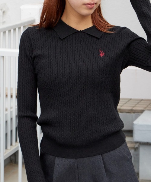 U.S. POLO ASSN.(ユーエスポロアッスン)の「U.S. POLO ASSN./ユーエスポロアッスン ロゴ刺繍 ドロップショルダー ステンカラーケーブルニット 秋 秋服 2026年秋冬 冬服(ニット/セーター・レディース・サックスブルー/イエロー/アイボリー/ブラック・M/L)」の16枚目の写真