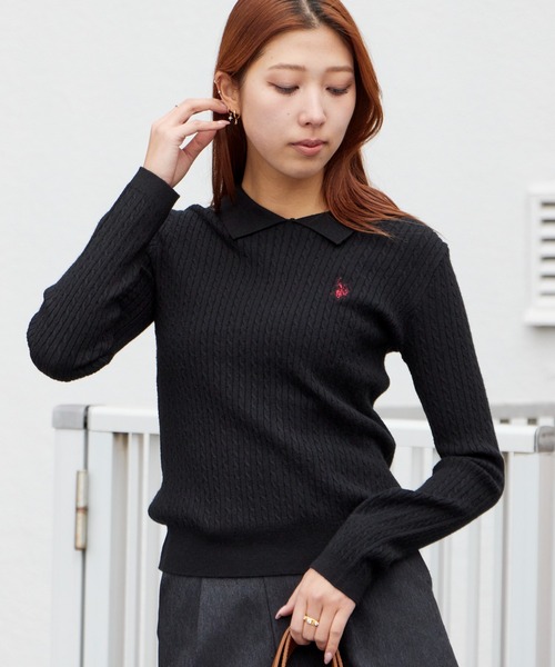 U.S. POLO ASSN.(ユーエスポロアッスン)の「U.S. POLO ASSN./ユーエスポロアッスン ロゴ刺繍 ドロップショルダー ステンカラーケーブルニット 秋 秋服 2026年秋冬 冬服(ニット/セーター・レディース・サックスブルー/イエロー/アイボリー/ブラック・M/L)」の18枚目の写真