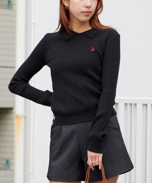 U.S. POLO ASSN.(ユーエスポロアッスン)の「U.S. POLO ASSN./ユーエスポロアッスン ロゴ刺繍 ドロップショルダー ステンカラーケーブルニット 秋 秋服 2026年秋冬 冬服(ニット/セーター・レディース・サックスブルー/イエロー/アイボリー/ブラック・M/L)」の19枚目の写真