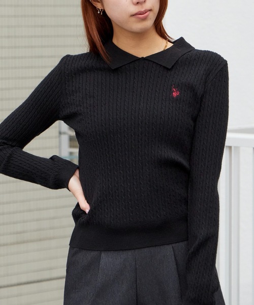 U.S. POLO ASSN.(ユーエスポロアッスン)の「U.S. POLO ASSN./ユーエスポロアッスン ロゴ刺繍 ドロップショルダー ステンカラーケーブルニット 秋 秋服 2026年秋冬 冬服(ニット/セーター・レディース・サックスブルー/イエロー/アイボリー/ブラック・M/L)」の21枚目の写真