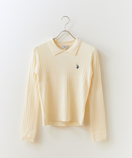 U.S. POLO ASSN.(ユーエスポロアッスン)の「U.S. POLO ASSN./ユーエスポロアッスン ロゴ刺繍 ドロップショルダー ステンカラーケーブルニット 秋 秋服 2026年秋冬 冬服(ニット/セーター・レディース・サックスブルー/イエロー/アイボリー/ブラック・M/L)」の5枚目の写真