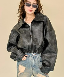 vintae加工フェイクレザークロップドブルゾン