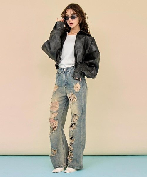 ANAP(アナップ)の「vintae加工フェイクレザークロップドブルゾン(ブルゾン・レディース・ブラック/ブラウン・F)」の5枚目の写真