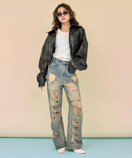 ANAP(アナップ)の「vintae加工フェイクレザークロップドブルゾン(ブルゾン・レディース・ブラック/ブラウン・F)」の6枚目の写真