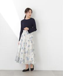 ニットドッキング花柄シャーリングワンピース / 1216147300