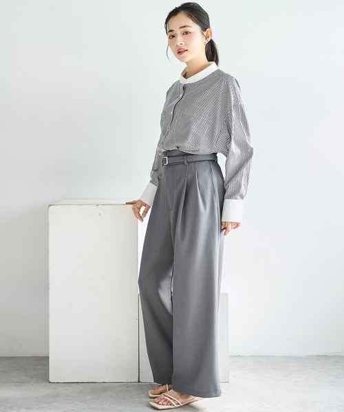 mil(ミル)の「【ベルト付き】 ハイウエスト タック パンツ【586147】(スラックス・レディース・グレイッシュベージュ/グレー/ブラック・S-Short/FREE/M-Regular/M-Short/S-Regular)」の5枚目の写真