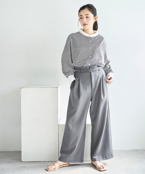 mil(ミル)の「【ベルト付き】 ハイウエスト タック パンツ【586147】(スラックス・レディース・グレイッシュベージュ/グレー/ブラック・S-Short/FREE/M-Regular/M-Short/S-Regular)」の8枚目の写真