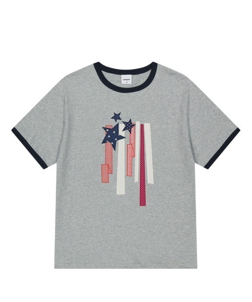 MAHAGRID(マハグリッド)の「『mahagrid/マハグリッド』 FLAG APPLIQUE RINGER TEE/フラッグ アップリケ リンガー Tシャツ(Tシャツ/カットソー・レディース・グレー/チャコールグレー/ホワイト・M)」の10枚目の写真