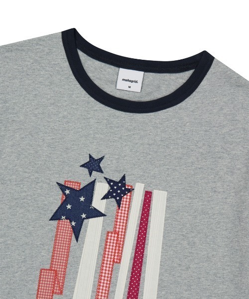 MAHAGRID(マハグリッド)の「『mahagrid/マハグリッド』 FLAG APPLIQUE RINGER TEE/フラッグ アップリケ リンガー Tシャツ(Tシャツ/カットソー・レディース・グレー/チャコールグレー/ホワイト・M)」の12枚目の写真