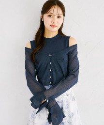 リブニットトップス×刺繍入りパール釦シアーニットカーディガンアンサンブル