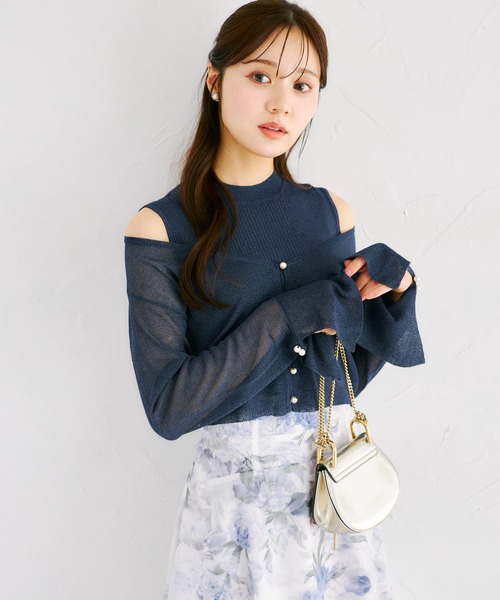 tocco closet（トッコ　クローゼット）の「リブニットトップス×刺繍入りパール釦シアーニットカーディガンアンサンブル（ニット/セーター・レディース・オフホワイト/ピンクベージュ/ネイビー・M）」の14枚目の写真