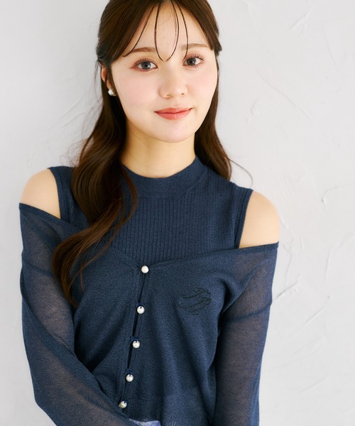 tocco closet（トッコ　クローゼット）の「リブニットトップス×刺繍入りパール釦シアーニットカーディガンアンサンブル（ニット/セーター・レディース・オフホワイト/ピンクベージュ/ネイビー・M）」の15枚目の写真