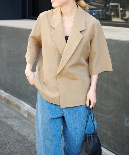 OUTDOOR PRODUCTS（アウトドアプロダクツ）の「リヨセルタイプライターハーフスリーブジャケット（その他アウター・レディース・ブラック/ベージュ・FREE）」の2枚目の写真