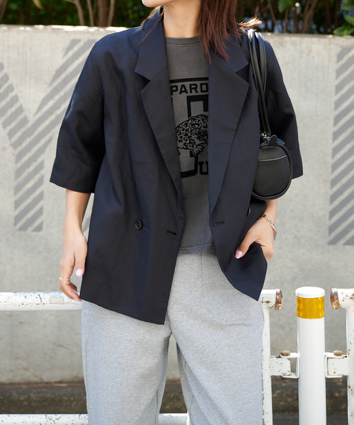 OUTDOOR PRODUCTS（アウトドアプロダクツ）の「リヨセルタイプライターハーフスリーブジャケット（その他アウター・レディース・ブラック/ベージュ・FREE）」の5枚目の写真