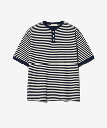 ECORR（エコル）の「ワッフルヘンリーネックストライプクロップ半袖Tシャツ_ネイビー（Tシャツ/カットソー）」