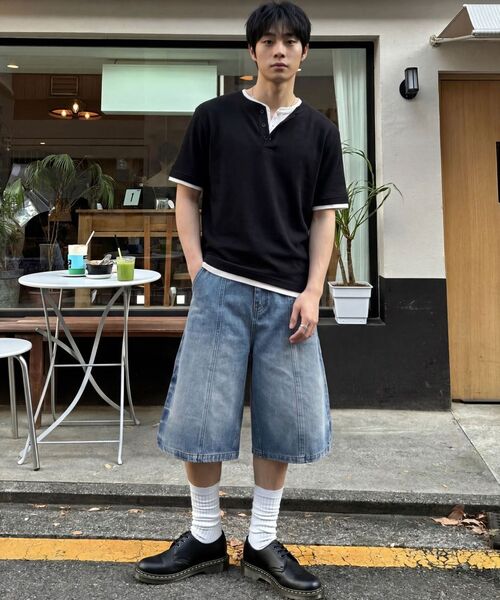 ECORR（エコル）の「ワッフルヘンリーネックストライプクロップ半袖Tシャツ_ネイビー（Tシャツ/カットソー・レディース・その他・1/2/3）」の7枚目の写真