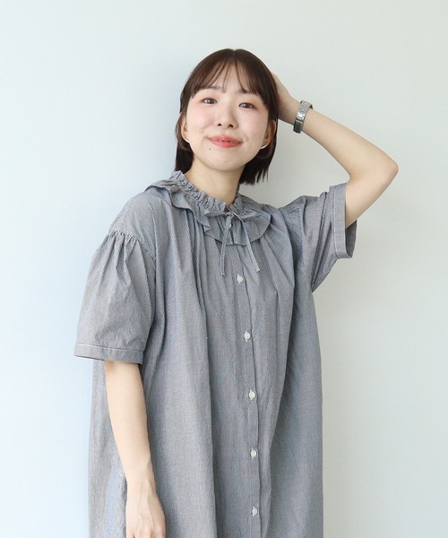 PAR ICI(パーリッシィ)の「【WEB限定】チェック/ストライプ ギャザーリボンワンピース(ワンピース・レディース・ブルー/オフホワイト/ブラック・FREE)」の1枚目の写真