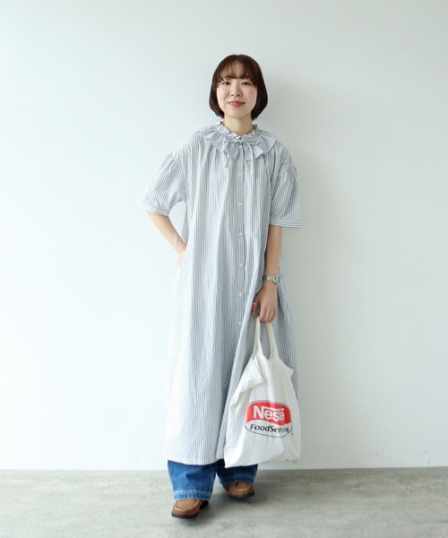 PAR ICI(パーリッシィ)の「【WEB限定】チェック/ストライプ ギャザーリボンワンピース(ワンピース・レディース・ブルー/オフホワイト/ブラック・FREE)」の6枚目の写真