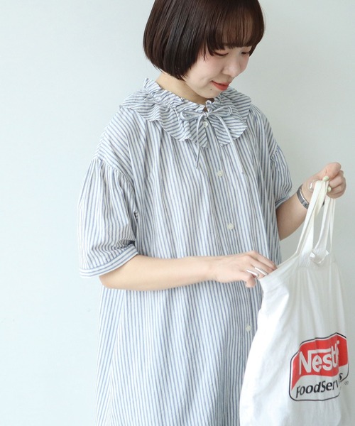 PAR ICI(パーリッシィ)の「【WEB限定】チェック/ストライプ ギャザーリボンワンピース(ワンピース・レディース・ブルー/オフホワイト/ブラック・FREE)」の12枚目の写真