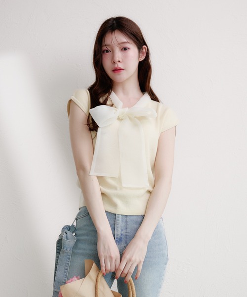 fupel(フぺル)の「organdy ribbon knit tops / オーガンジーリボンニットトップス(ニット/セーター・レディース・ブラック/アイボリー・FREE)」の9枚目の写真