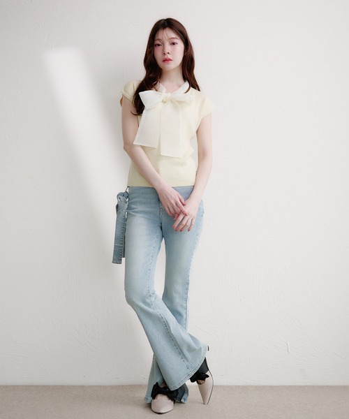 fupel(フぺル)の「organdy ribbon knit tops / オーガンジーリボンニットトップス(ニット/セーター・レディース・ブラック/アイボリー・FREE)」の3枚目の写真