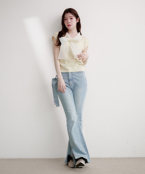 fupel(フぺル)の「organdy ribbon knit tops / オーガンジーリボンニットトップス(ニット/セーター・レディース・ブラック/アイボリー・FREE)」の5枚目の写真