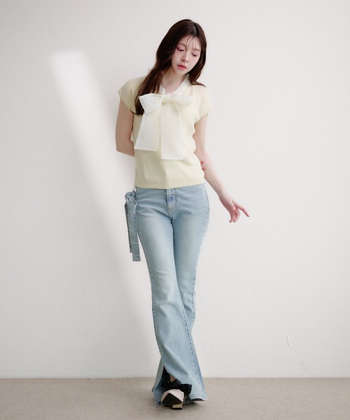 fupel(フぺル)の「organdy ribbon knit tops / オーガンジーリボンニットトップス(ニット/セーター・レディース・ブラック/アイボリー・FREE)」の4枚目の写真