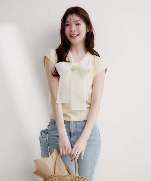 fupel(フぺル)の「organdy ribbon knit tops / オーガンジーリボンニットトップス(ニット/セーター・レディース・ブラック/アイボリー・FREE)」の8枚目の写真