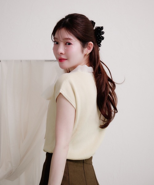 fupel(フぺル)の「organdy ribbon knit tops / オーガンジーリボンニットトップス(ニット/セーター・レディース・ブラック/アイボリー・FREE)」の13枚目の写真