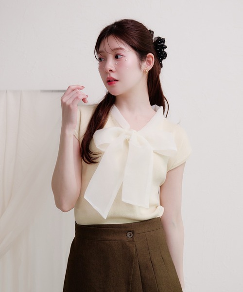 fupel(フぺル)の「organdy ribbon knit tops / オーガンジーリボンニットトップス(ニット/セーター・レディース・ブラック/アイボリー・FREE)」の11枚目の写真