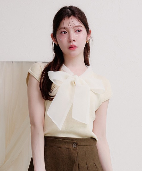 fupel(フぺル)の「organdy ribbon knit tops / オーガンジーリボンニットトップス(ニット/セーター・レディース・ブラック/アイボリー・FREE)」の14枚目の写真