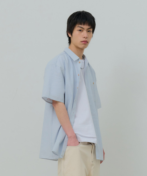 DESIRED（デシレッド）の「ストライプ半袖シャツ-FBSK5502D0D（シャツ/ブラウス・メンズ・スカイブルー・MEDIUM/LARGE/X-LARGE）」の5枚目の写真