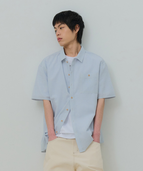DESIRED（デシレッド）の「ストライプ半袖シャツ-FBSK5502D0D（シャツ/ブラウス・メンズ・スカイブルー・MEDIUM/LARGE/X-LARGE）」の6枚目の写真