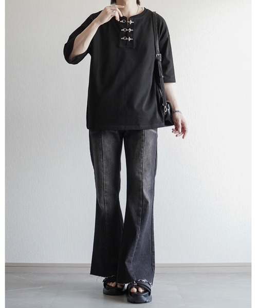 ELLUV(エルブ)の「【ELLUV/エルヴ】ファインコットンスムース ファイヤーマンバックル 半袖 ヘンリーネックTシャツ/接触冷感 UVカット(Tシャツ/カットソー・メンズ・ブラック/ホワイト・S/M/L)」の22枚目の写真