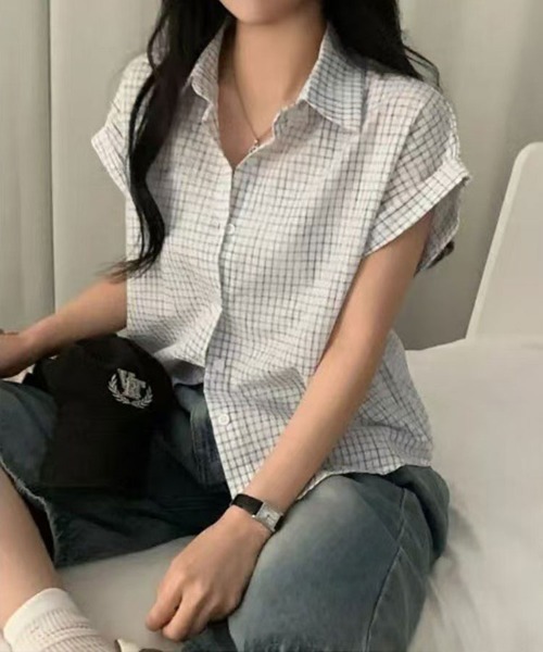 SallyLunn(サリーラン)の「ゆるシルエットグラフチェック半袖シャツ(シャツ/ブラウス・レディース・ブルー/ホワイト/アイボリー/ピンク・LARGE/MEDIUM)」の8枚目の写真