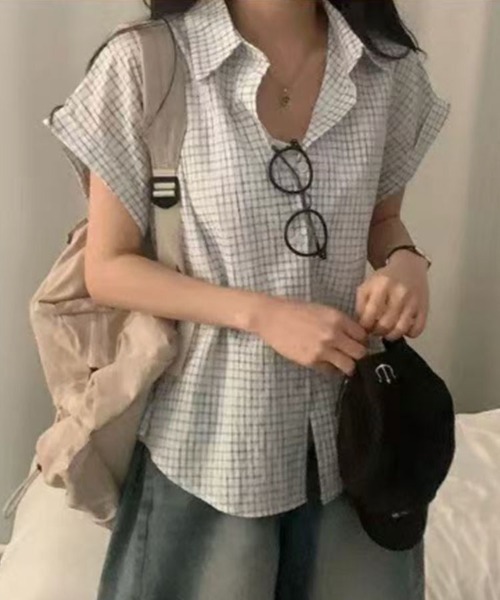 SallyLunn(サリーラン)の「ゆるシルエットグラフチェック半袖シャツ(シャツ/ブラウス・レディース・ブルー/ホワイト/アイボリー/ピンク・LARGE/MEDIUM)」の7枚目の写真