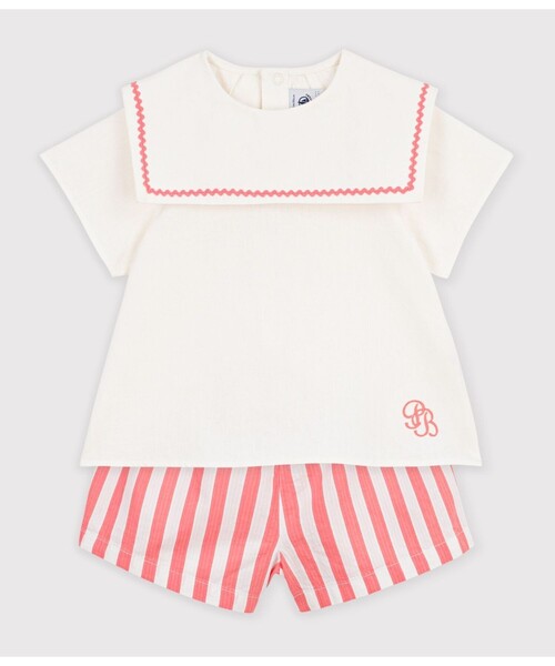 PETIT BATEAU(プチバトー)の「セーラーカラーベビー2点セット(シャツ/ブラウス・キッズ・オレンジ系その他・12MONTH/18MONTH/24MONTH/36MONTH)」の2枚目の写真