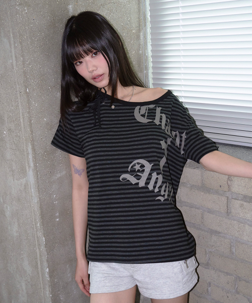 PRENDA(プレンダ)の「RIBBON TIE EYELET STRIPED TEE BLACK(Tシャツ/カットソー・レディース・その他・F)」の6枚目の写真