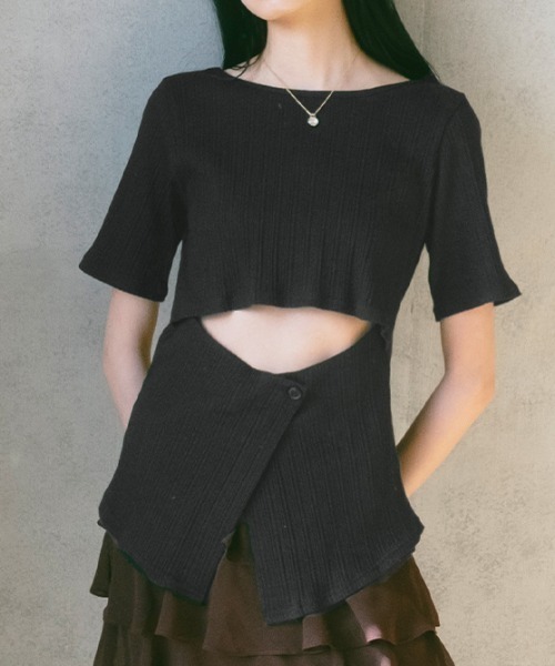 sahara(サハラ)の「2way Half Sleeve Top|2way半袖カットソー(Tシャツ/カットソー・レディース・アイボリー/ブラック/ライトグリーン・FREE)」の2枚目の写真