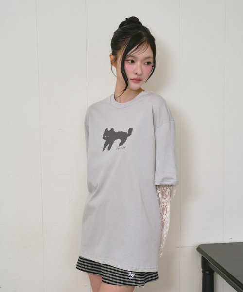 THE GREEN LAB（ザグリーンラボ）の「レース袖レイヤードキャットTシャツ[ライトグレー]（Tシャツ/カットソー・レディース・その他・FREE）」の2枚目の写真