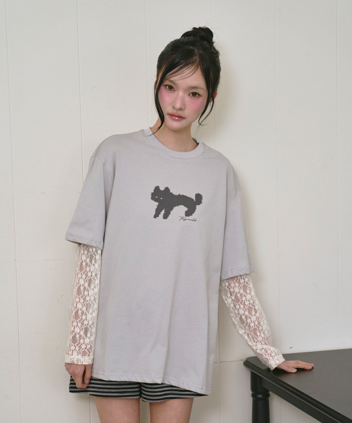 THE GREEN LAB（ザグリーンラボ）の「レース袖レイヤードキャットTシャツ[ライトグレー]（Tシャツ/カットソー・レディース・その他・FREE）」の3枚目の写真