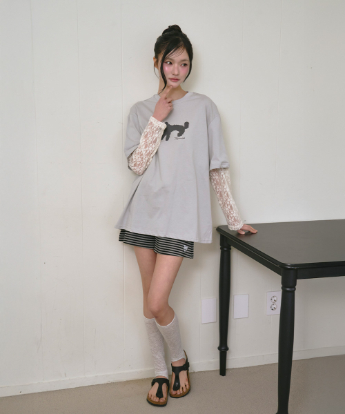 THE GREEN LAB（ザグリーンラボ）の「レース袖レイヤードキャットTシャツ[ライトグレー]（Tシャツ/カットソー・レディース・その他・FREE）」の5枚目の写真