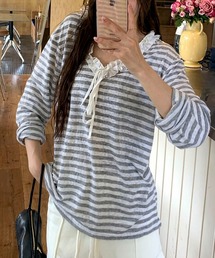フロントリボンレーストリムボーダー半袖リブトップス