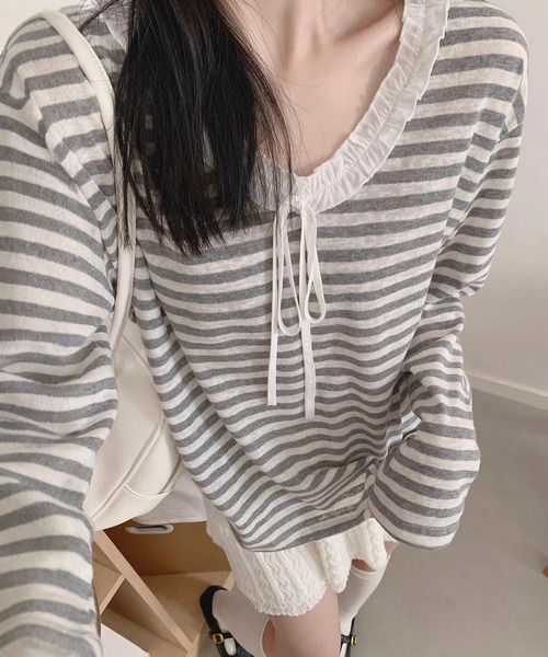 AVYL(アヴィル)の「フロントリボンレーストリムボーダー半袖リブトップス(Tシャツ/カットソー・レディース・グレー・M)」の5枚目の写真