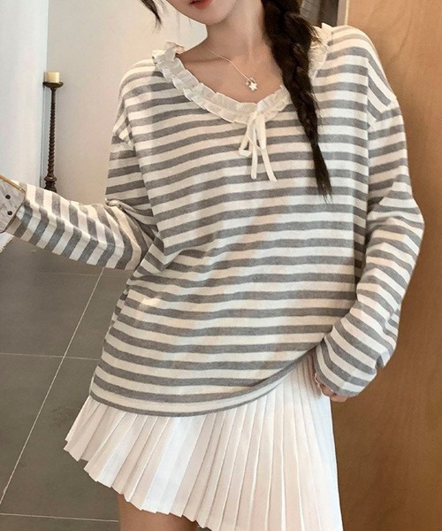 AVYL(アヴィル)の「フロントリボンレーストリムボーダー半袖リブトップス(Tシャツ/カットソー・レディース・グレー・M)」の6枚目の写真